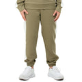 Lower portion of boys' ski jumping trainers oriented east, olive color