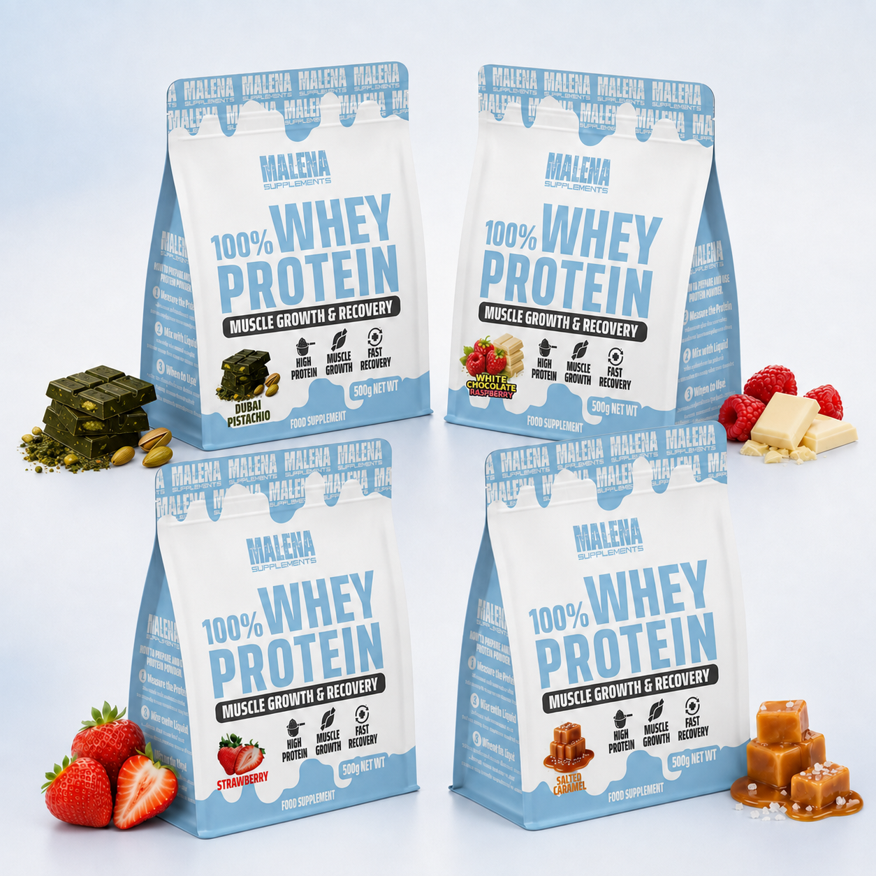 Malena Protein Set 4 flavors, 4 x 500 g - yogurt, Dubai F'stack, white chocolate and salt caramel 2 kg