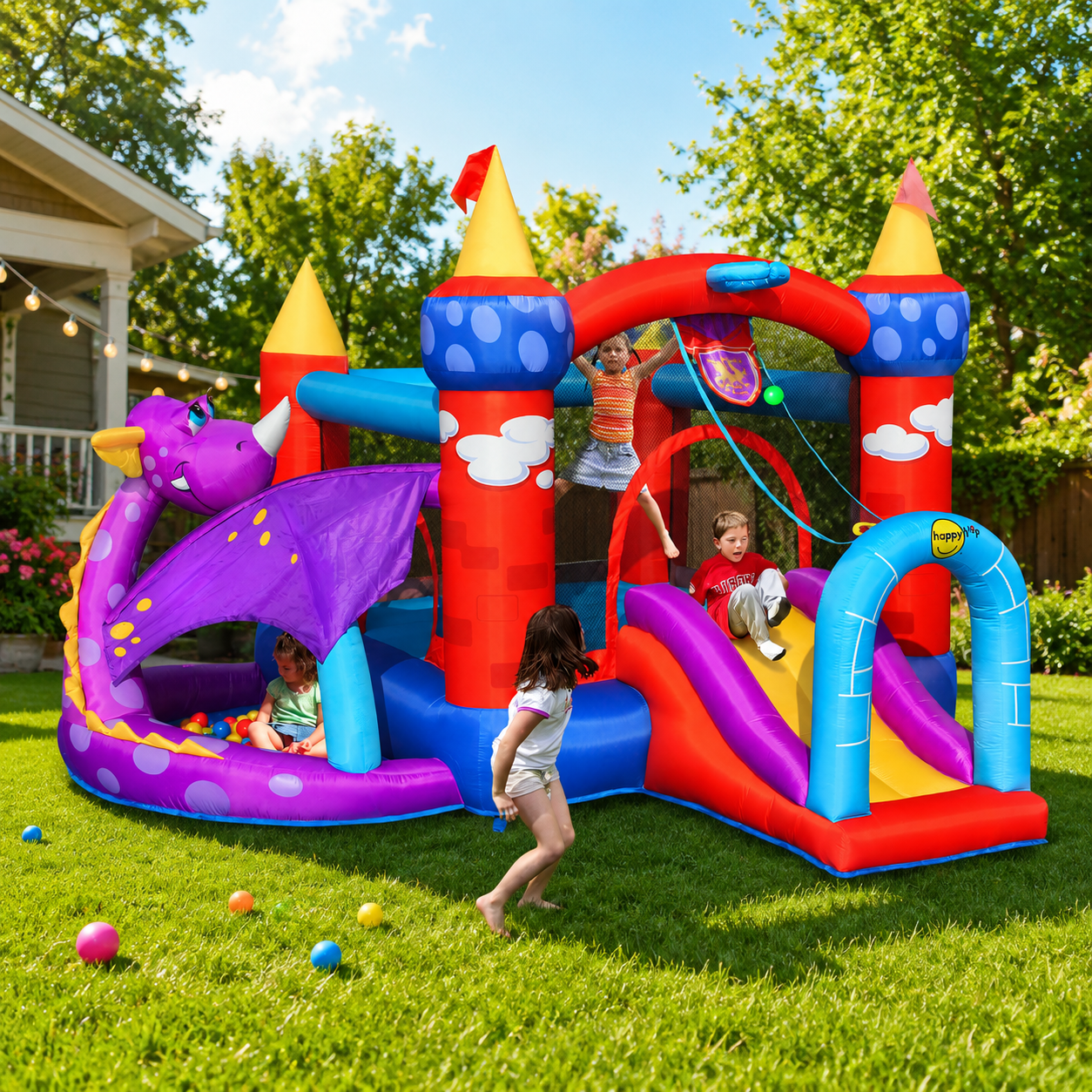 HAPPY HOP Castle Tromboline Search for the Dragon with Tobogan 350x350x245cm