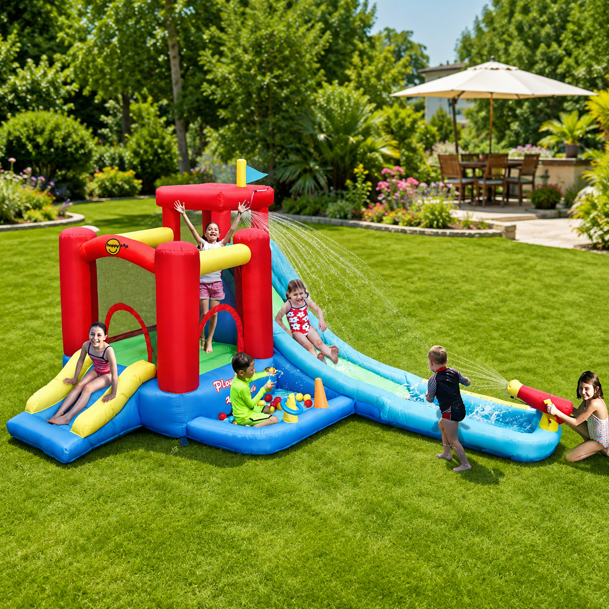HAPPY HOP Castle - trombone Aquapark with water tower, 440 x 330 x 235 cm