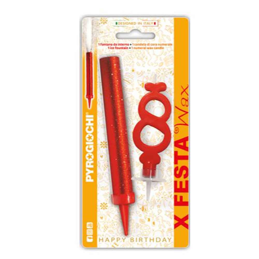 Pyrogiochi Sprinkler + Candle, for the cake, number 8, 14.5cm, X Festa, 41298, red